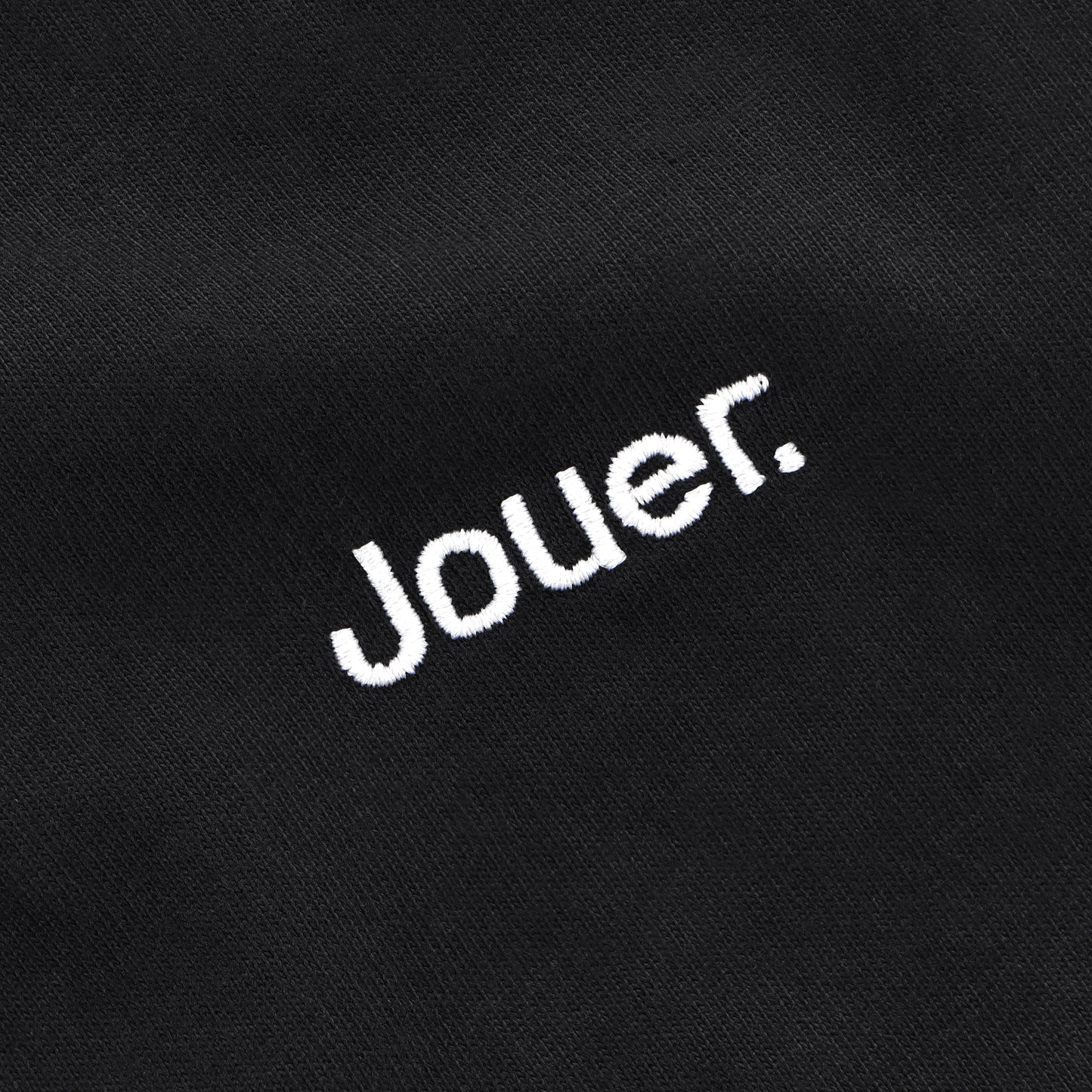 Black 'Jouer' T-shirt with white embroidered logo on the front and heart-themed sports back print.