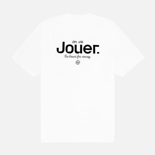 White 'Jouer' fundamental T-shirt with black embroidered logo on the front and large back print.