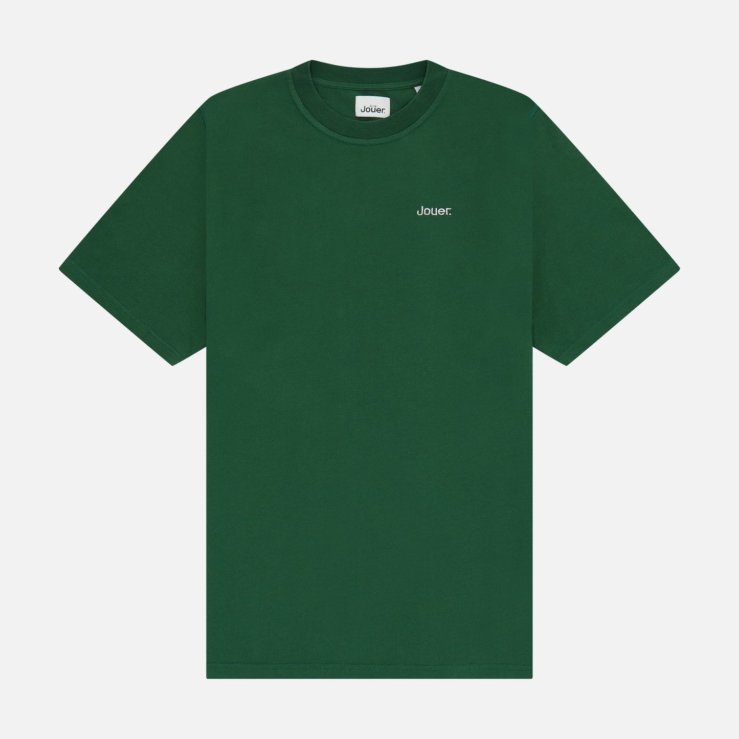 Green 'Jouer' T-shirt with white embroidered logo on the front and heart-themed sports back print.